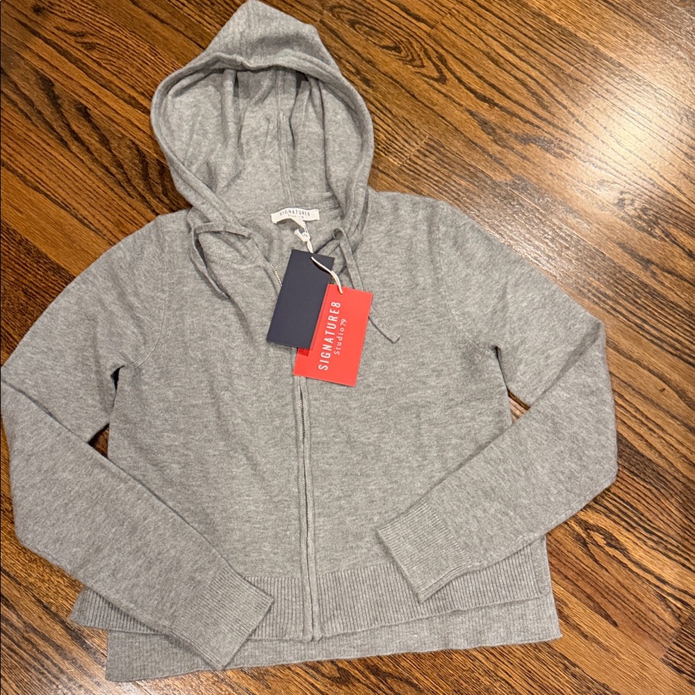 Signature Studio Light Gray Full-Zip cashmere blend hooded sweater